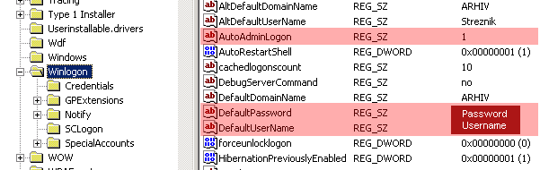registry keys of autologin windows user and password